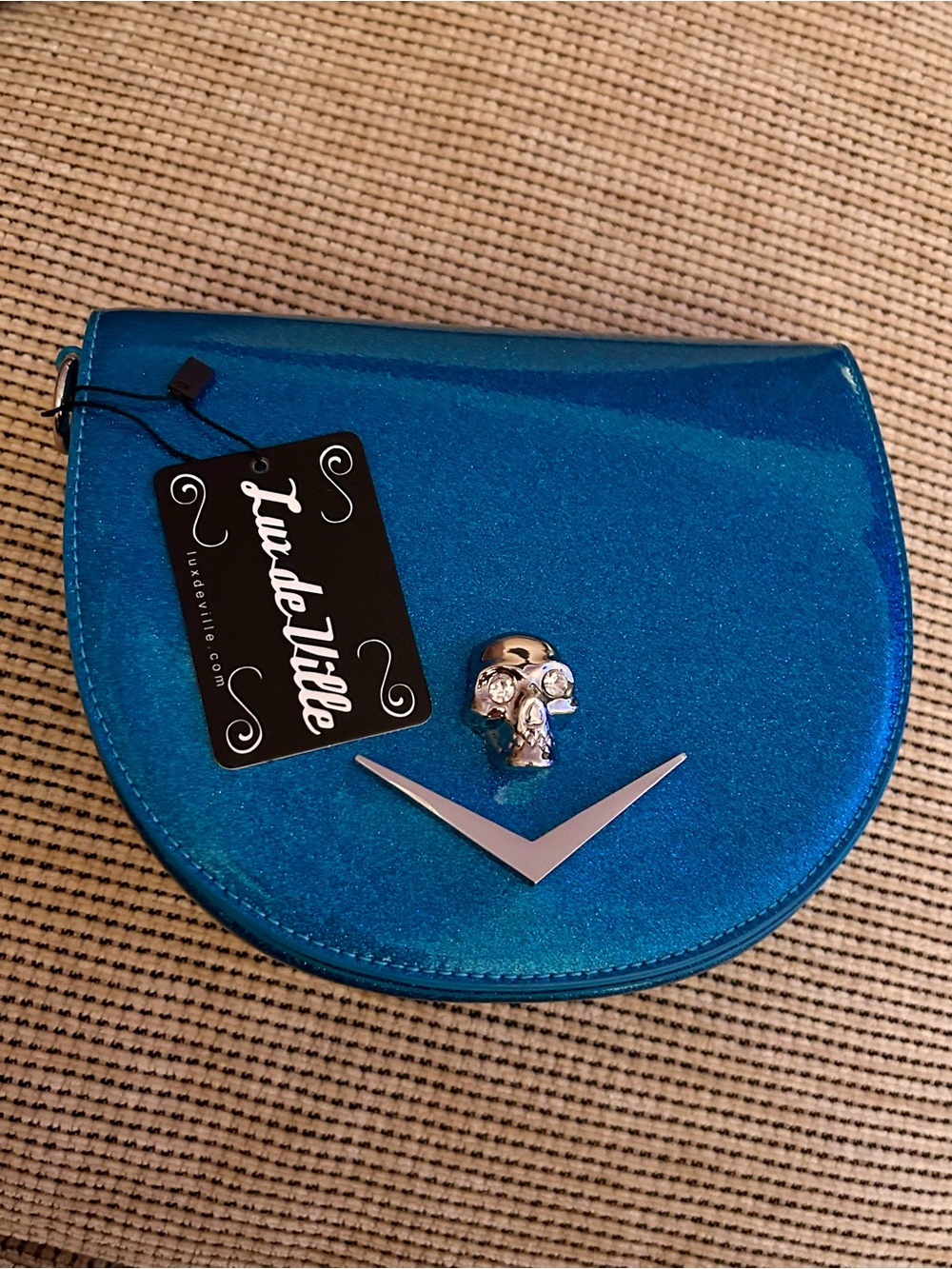 Lux de Ville Metallic Teal Blue Crossbody with Skull Charm